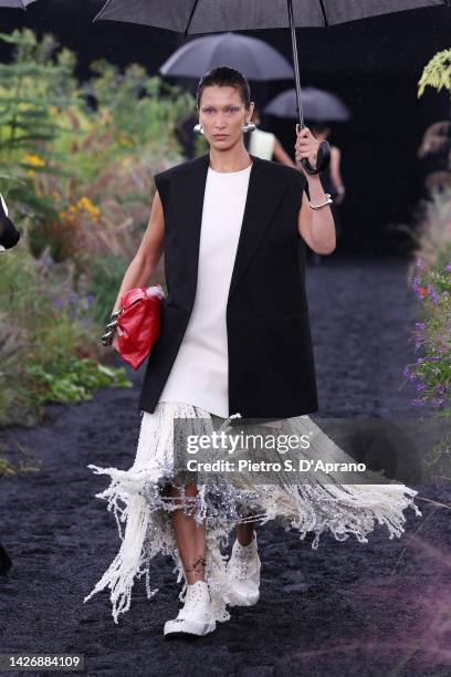 Bella Hadid walks the runway of the Jil Sander Fashion Show during the Milan Fashion Week Womenswear Spring/Summer 2023 on September 24, 2022 in...