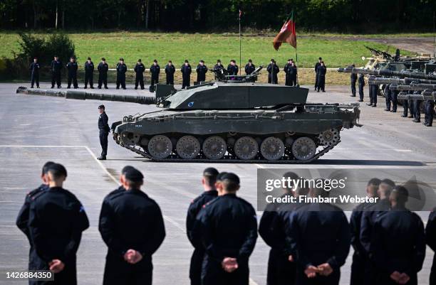 Soldiers and Challenger 2 main battle tanks are displayed for the families watching The Royal Tank Regiment Regimental Parade, on September 24, 2022...