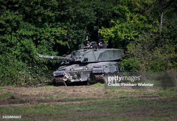 Challenger 2 main battle tank is displayed for the families watching The Royal Tank Regiment Regimental Parade, on September 24, 2022 in Bulford,...