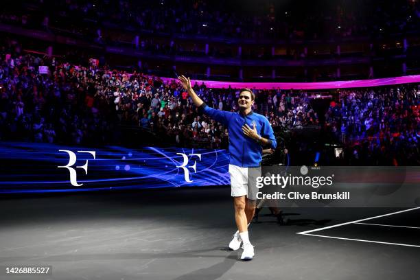 Roger Federer of Team Europe acknowledges the fans following their final match during Day One of the Laver Cup at The O2 Arena on September 23, 2022...