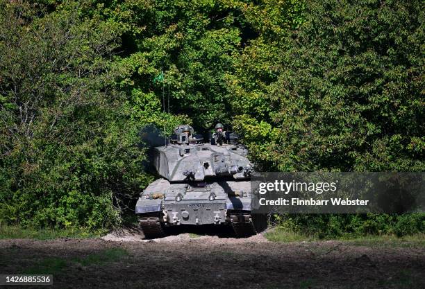 Challenger 2 main battle tank is displayed for the families watching The Royal Tank Regiment Regimental Parade, on September 24, 2022 in Bulford,...