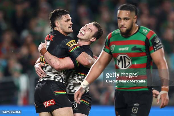 Nathan Cleary of the Panthers celebrates with Dylan Edwards of the Panthers after scoring a try during the NRL Preliminary Final match between the...