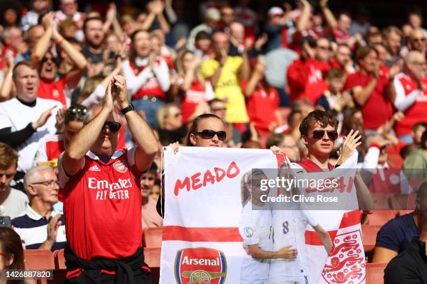 Arsenal fans enjoy the pre match atmosphere prior to the FA Women's Super League match between Arsenal and Tottenham Hotspur at Emirates Stadium on...