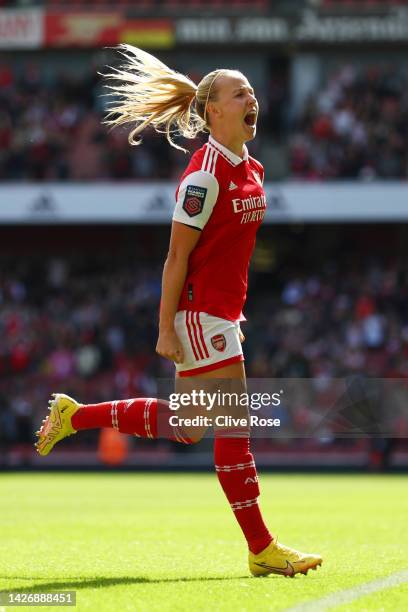 Beth Mead of Arsenal celebrates after scoring their team's first goal during the FA Women's Super League match between Arsenal and Tottenham Hotspur...