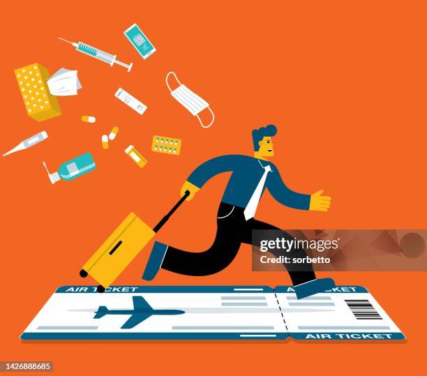 face masks in the air - businessman - safe travel stock illustrations