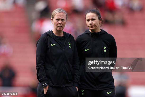 Rehanne Skinner, Manager of Tottenham Hotspur and Emily Woodford look on prior to the FA Women's Super League match between Arsenal and Tottenham...