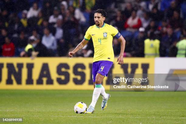 Marquinhos of Brazil controls the ball during the international friendly match between Brazil and Ghana at Stade Oceane on September 23, 2022 in Le...