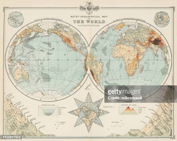 old chromolithograph map of world - lithograph stockfoto's en -beelden