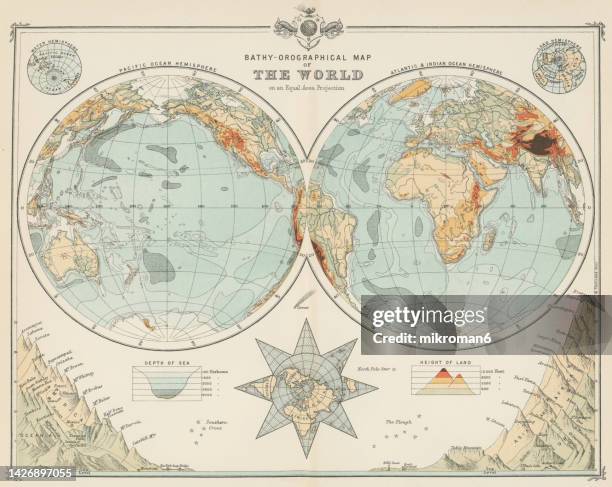 old chromolithograph map of world - antique document stock pictures, royalty-free photos & images