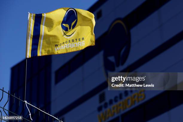 Worcester Warriors flag waves outside the stadium prior to the Gallagher Premiership Rugby match between Worcester Warriors and Newcastle Falcons at...