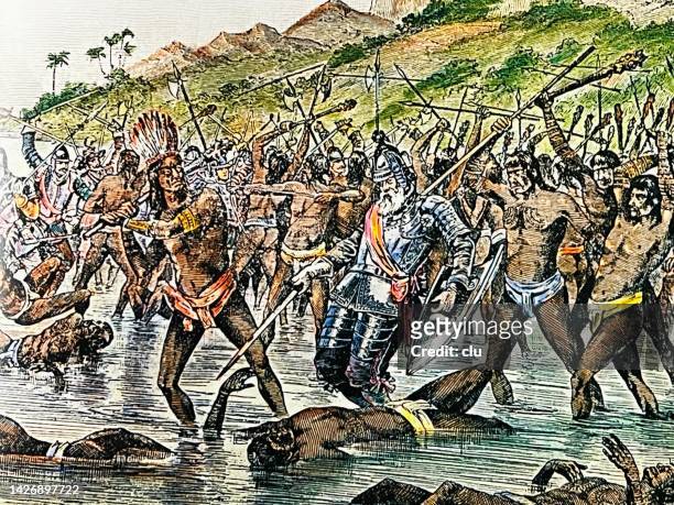 ilustrações, clipart, desenhos animados e ícones de morte de fernão de magalhães em batalha com guerreiros dos visayas - fernão de magalhães