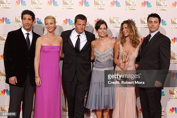 Actors David Schwimmer, Lisa Kudrow, Matthew Perry, Courteney Cox Arquette, Jennifer Aniston and Matt LeBlanc pose backstage during the 54th Annual...