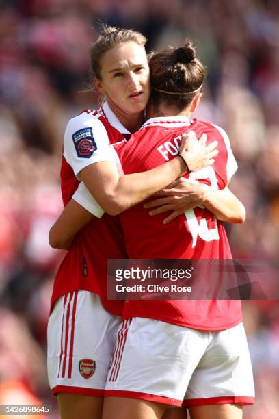 Vivianne Miedema of Arsenal celebrates with teammate Caitlin Foord after scoring their side's second goal during the FA Women's Super League match...