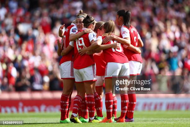 Vivianne Miedema of Arsenal celebrates with teammates after scoring their team's second goal during the FA Women's Super League match between Arsenal...