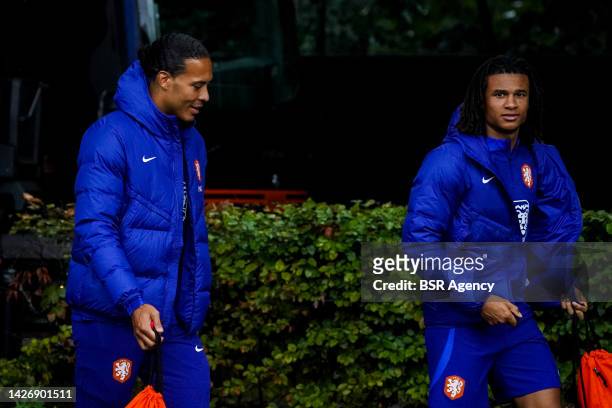 Virgil van Dijk of the Netherlands and Nathan Ake of the Netherlands during a Training Session of the Netherlands Mens Football Team at the KNVB...