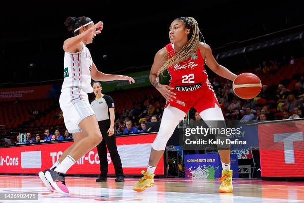 Arella Guirantes of Puerto Rico handles the ball during the 2022 FIBA Women's Basketball World Cup Group A match between Puerto Rico and Belgium at...