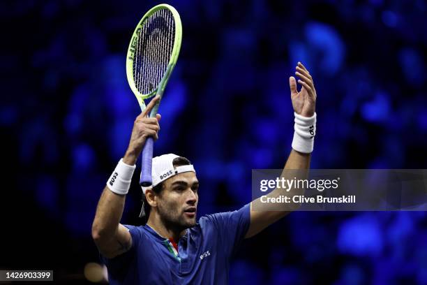 Matteo Berrettini of Team Europe celebrates winning the first set during the singles match between Matteo Berrettini of Team Europe and Felix...