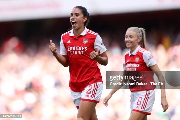 Rafaelle Souza of Arsenal celebrates scoring their team's third goal during the FA Women's Super League match between Arsenal and Tottenham Hotspur...