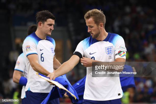 Harry Kane of England wearing a One Love LGBT captain's adjusts a further black armband prior to kick off in the UEFA Nations League, League A, Group...