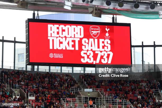 An LED board inside the stadium displays a message reading "record ticket sales" during the FA Women's Super League match between Arsenal and...