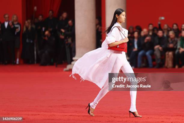 Model walks the runway of the Salvatore Ferragamo Fashion Show during the Milan Fashion Week Womenswear Spring/Summer 2023 on September 24, 2022 in...