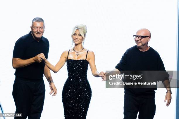 Stefano Gabbana, Kim Kardashian and Domenico Dolce walk the runway of the Dolce & Gabbana Fashion Show during the Milan Fashion Week Womenswear...