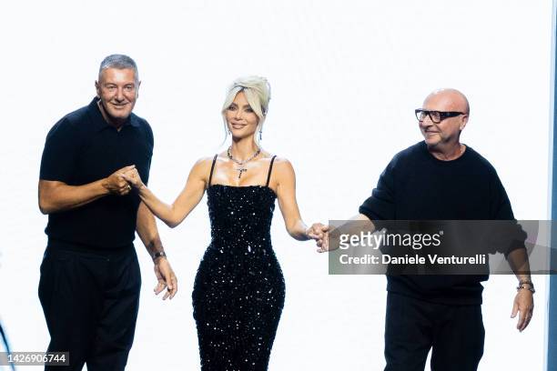 Stefano Gabbana, Kim Kardashian and Domenico Dolce walk the runway of the Dolce & Gabbana Fashion Show during the Milan Fashion Week Womenswear...
