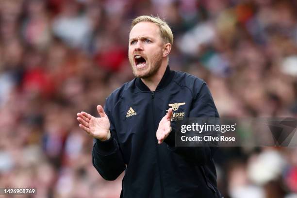 Jonas Eidevall, Manager of Arsenal reacts during the FA Women's Super League match between Arsenal and Tottenham Hotspur at Emirates Stadium on...