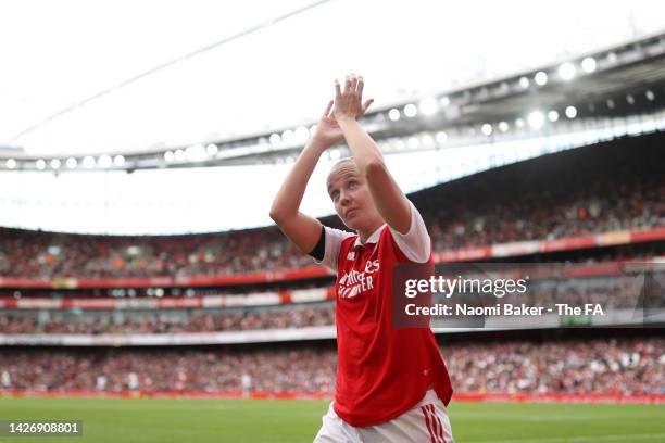 Beth Mead of Arsenal applauds fans as she is substituted off during the FA Women's Super League match between Arsenal and Tottenham Hotspur at...