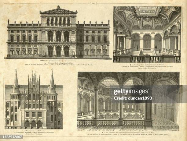 examples of traditional architecture, palace musical society vienna, polytechnicum munich, royal high school hildesheim, austrian museum vienna - museum interior stock illustrations