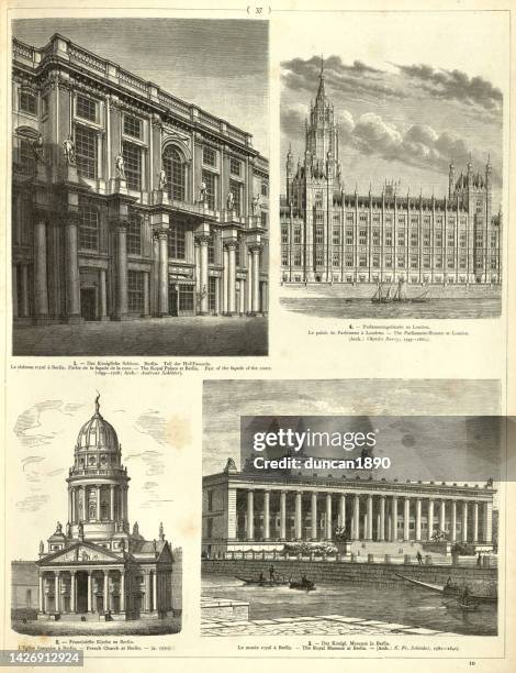 examples of traditional architecture, facade royal palace berlin, parliament house london, french church and royal museum, berlin - fine arts center stock illustrations
