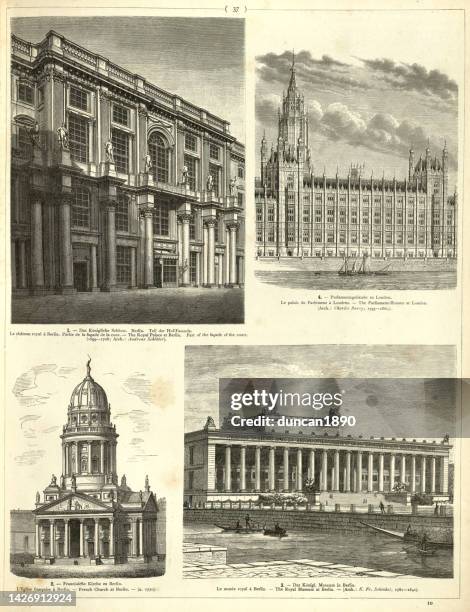 examples of traditional architecture, facade royal palace berlin, parliament house london, french church and royal museum, berlin - berlin museum island stock illustrations