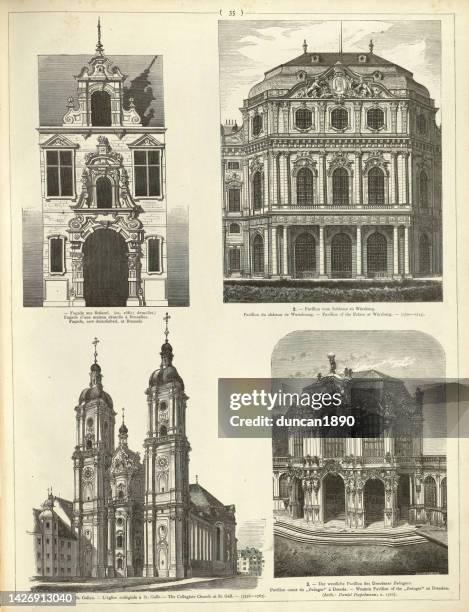 stockillustraties, clipart, cartoons en iconen met examples of baroque architecture, facade, brussels, pavilion palace at wurzburg, germany, st. gallen cathedral, switzerland, zwinger at dresden, 17th and 18th century - st gallen