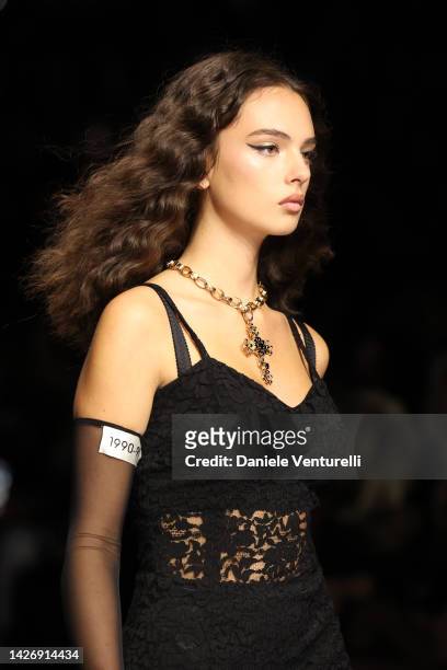 Deva Cassel walks the runway of the Dolce & Gabbana Fashion Show during the Milan Fashion Week Womenswear Spring/Summer 2023 on September 24, 2022 in...