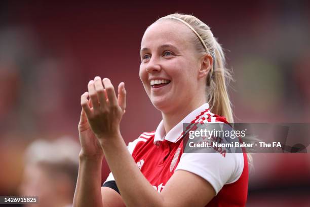 Beth Mead of Arsenal celebrates following their side's victory in the FA Women's Super League match between Arsenal and Tottenham Hotspur at Emirates...