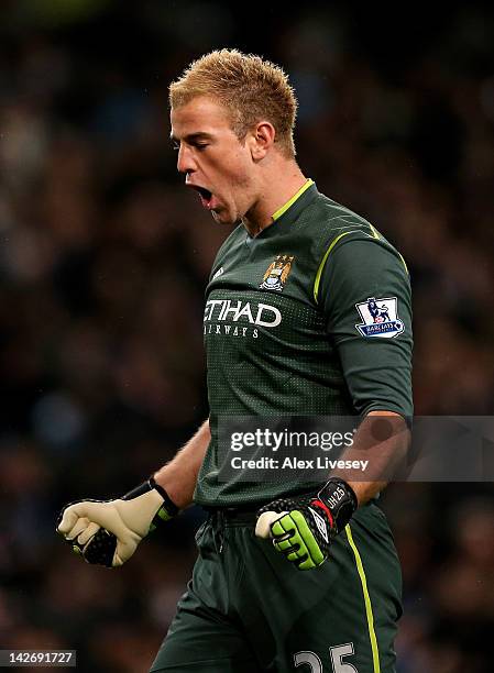 Joe Hart of Manchester City celebrates during the Barclays Premier League match between Manchester City and West Bromwich Albion at the Etihad...