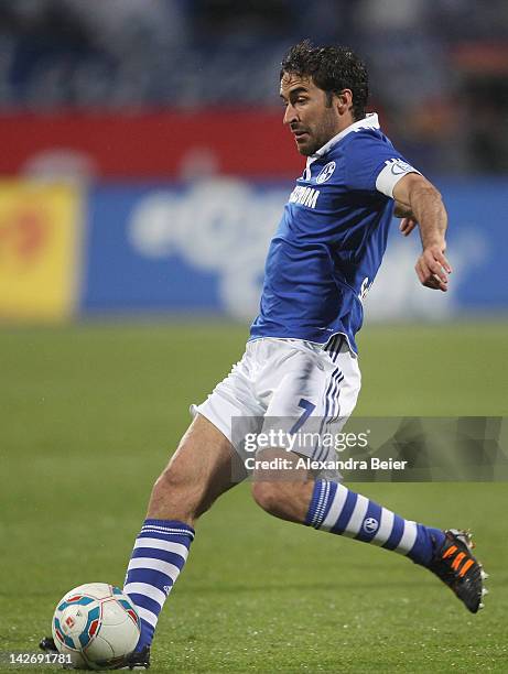 Raul of Schalke kicks the ball during the Bundesliga match between 1. FC Nuernberg and FC Schalke 04 at Easy Credit Stadium on April 11, 2012 in...