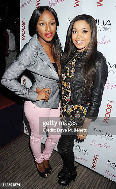 Alexandra Burke and Dionne Bromfield attend the launch of LIPBOOM created with Alexandra Burke by MUA Cosmetics at The Rose Club on April 11, 2012 in...