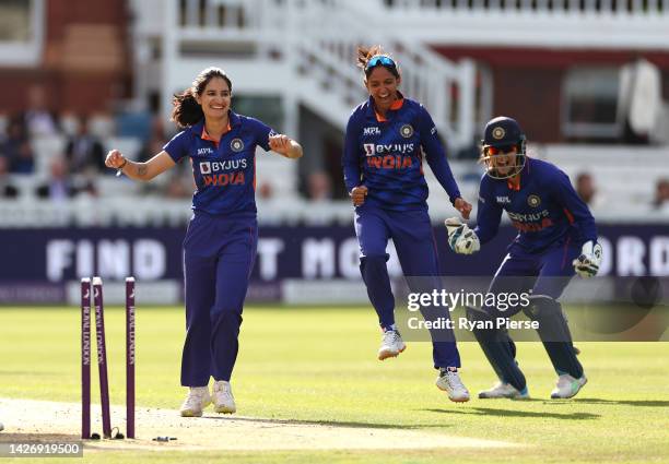 Renuka Singh of India celebrates after taking the wicket of Sophia Dunkley of England during the 3rd Royal London ODI between England Women and India...