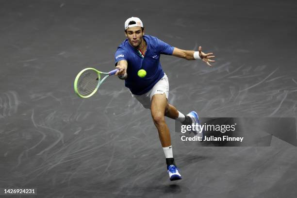 Matteo Berrettini of Team Europe plays a forehand shot during the singles match between Matteo Berrettini of Team Europe and Felix Auger-Aliassime of...