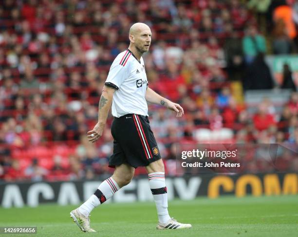 Jaap Stam of Manchester United Legends in action during the Legends of the North charity match at Anfield on September 24, 2022 in Liverpool, England.