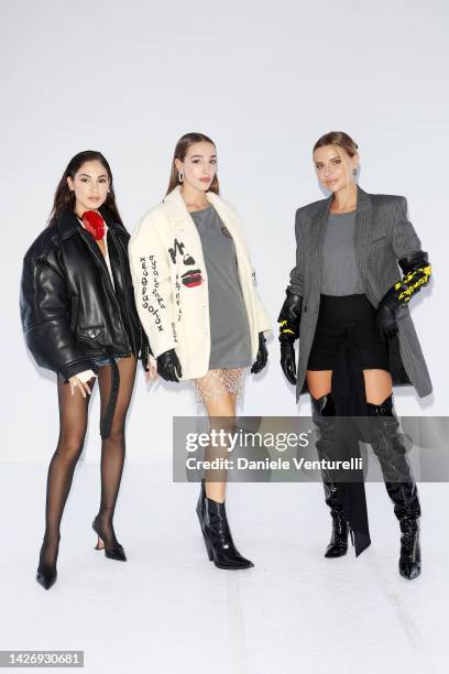 Giulia De Lellis, Ginevra Mavilla and Veronica Ferraro are seen on the front row of the Philosophy Di Lorenzo Serafini Fashion Show during the Milan...