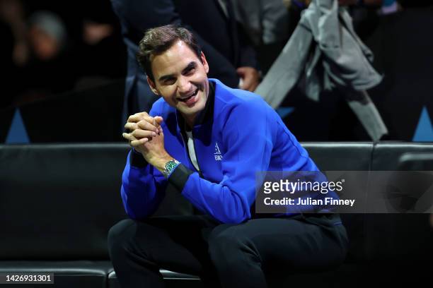 Roger Federer of Team Europe smiles during Day Two of the Laver Cup at The O2 Arena on September 24, 2022 in London, England.