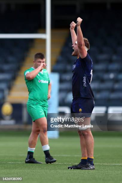 Joe Batley of Worcester Warriors celebrates victory following the Gallagher Premiership Rugby match between Worcester Warriors and Newcastle Falcons...