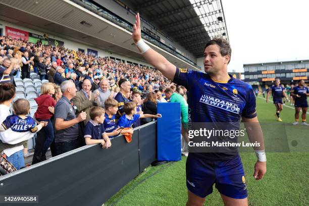 Francois Venter of Worcester Warriors acknowledges the fans following their sides victory in the Gallagher Premiership Rugby match between Worcester...