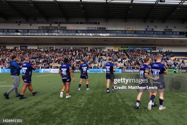 Players of Worcester Warriors acknowledge the fans following their side's victory in the Gallagher Premiership Rugby match between Worcester Warriors...