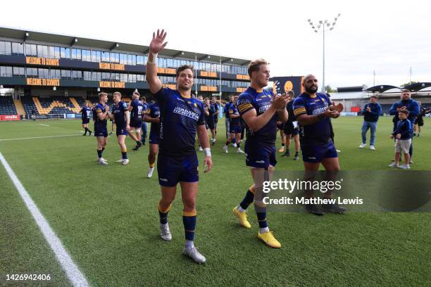 Francois Venter of Worcester Warriors acknowledges the fans following their sides victory in the Gallagher Premiership Rugby match between Worcester...