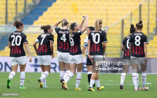 Kosovare Asllani of AC Milan celebrates after scoring her team's second goal during the Women's Serie A match between Parma and AC Milan at Stadio...