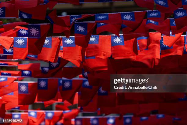 An old market street decorated with the national flag of Taiwan on September 24, 2022 in Kinmen, Taiwan. Kinmen, an island in the Taiwan strait that...