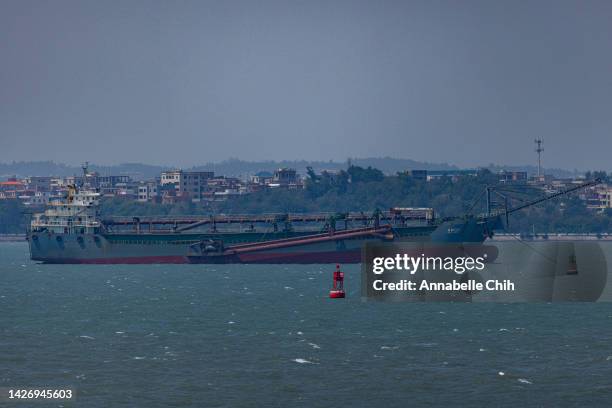 China's sand dredger is seen in front of China's Dadeng Island from an observatory on September 24, 2022 in Kinmen, Taiwan. Kinmen, an island in the...